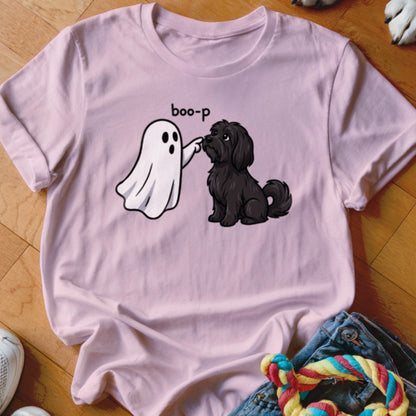 Pink t-shirt with graphic of a ghost booping a black dog's nose with text "boo-p".