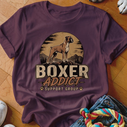 A dark purple t-shirt featuring a graphic of a boxer dog and the text Boxer Addict Support Group.