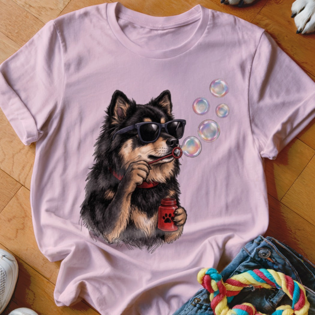 Light pink crewneck t-shirt featuring an illustration of a black dog wearing sunglasses and blowing bubbles.