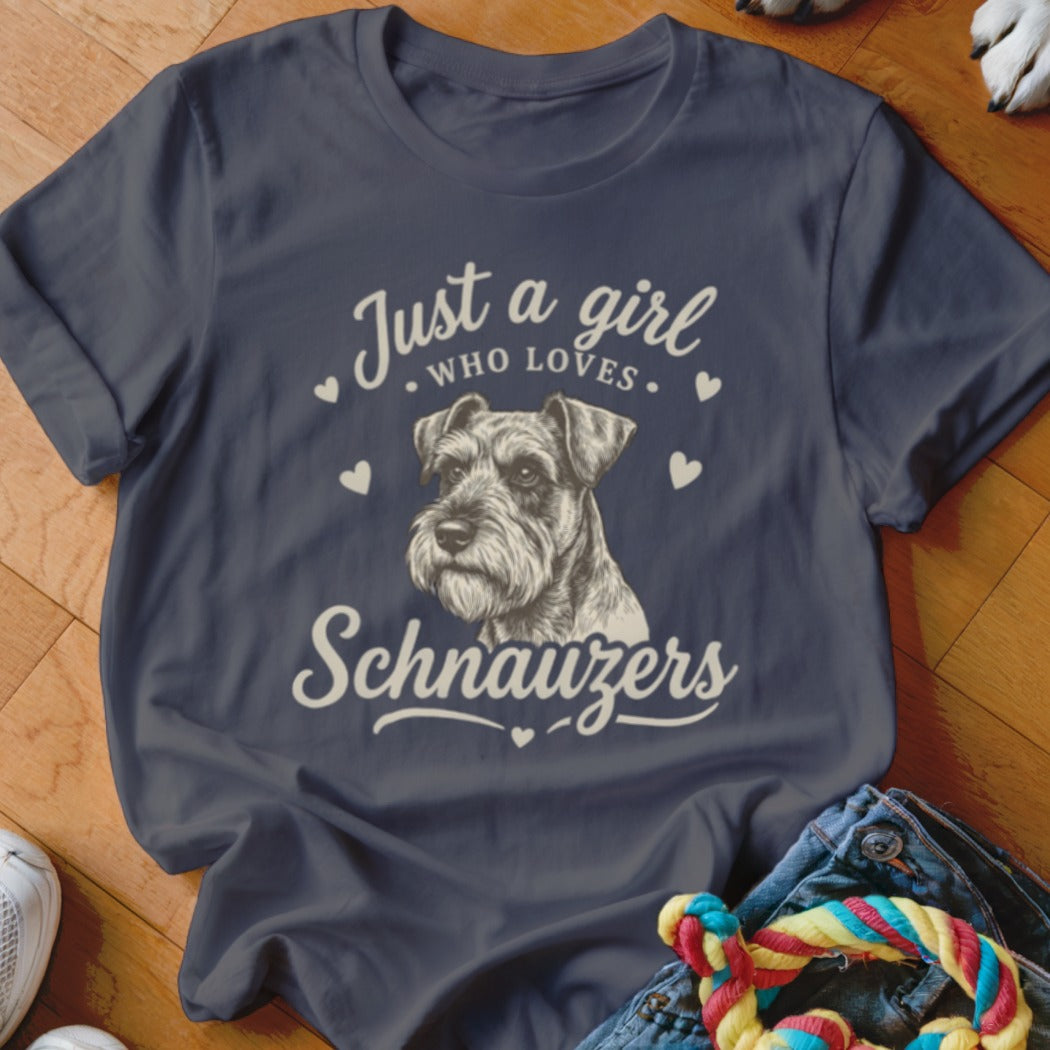 Dark grey t-shirt featuring a Schnauzer graphic and the text Just a girl who loves Schnauzers.