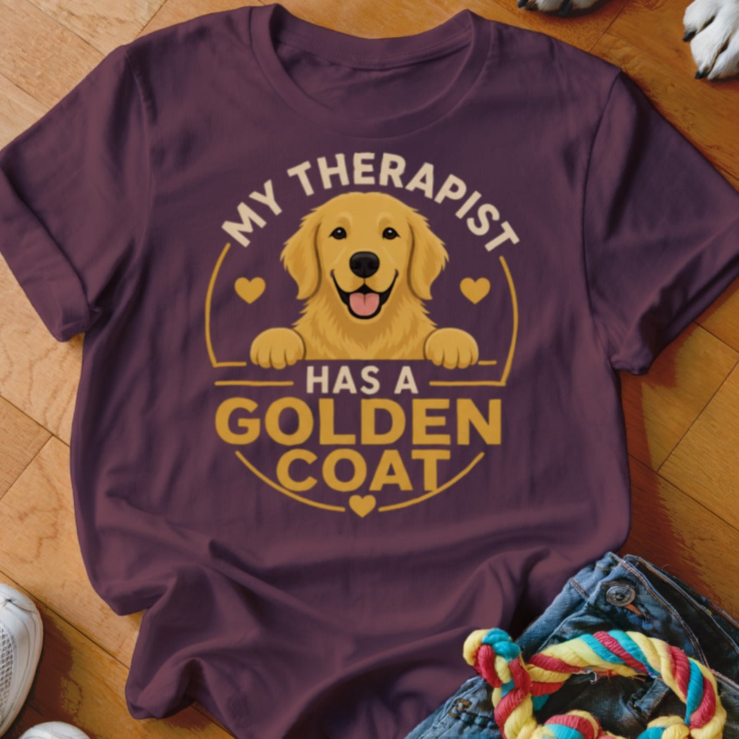 T-shirt with Golden Retriever graphic and text "My therapist has a Golden coat".
