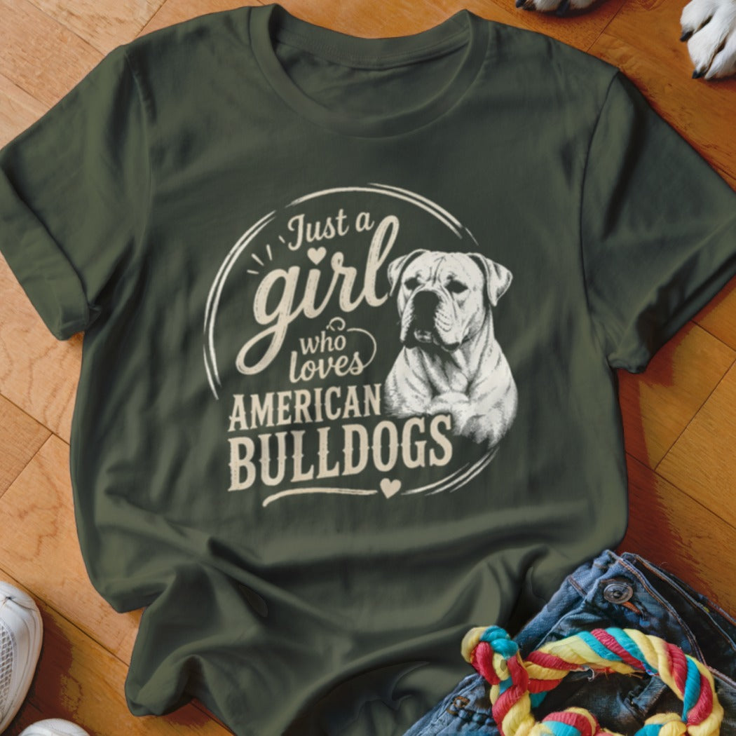 Green t-shirt with "Just a girl who loves American Bulldogs" and bulldog graphic.