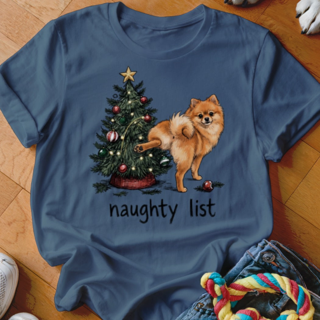 Pomeranian dog near Christmas tree with text "naughty list".