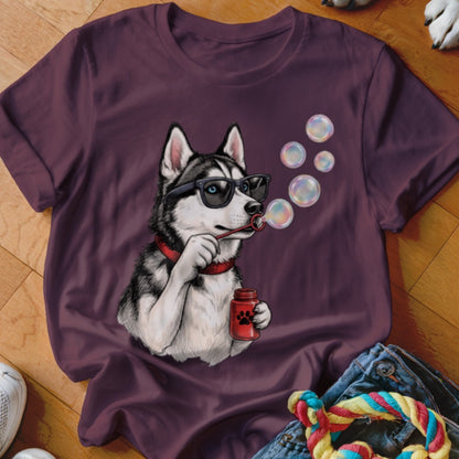 Maroon crewneck t-shirt featuring a graphic of a husky wearing sunglasses and blowing bubbles.
