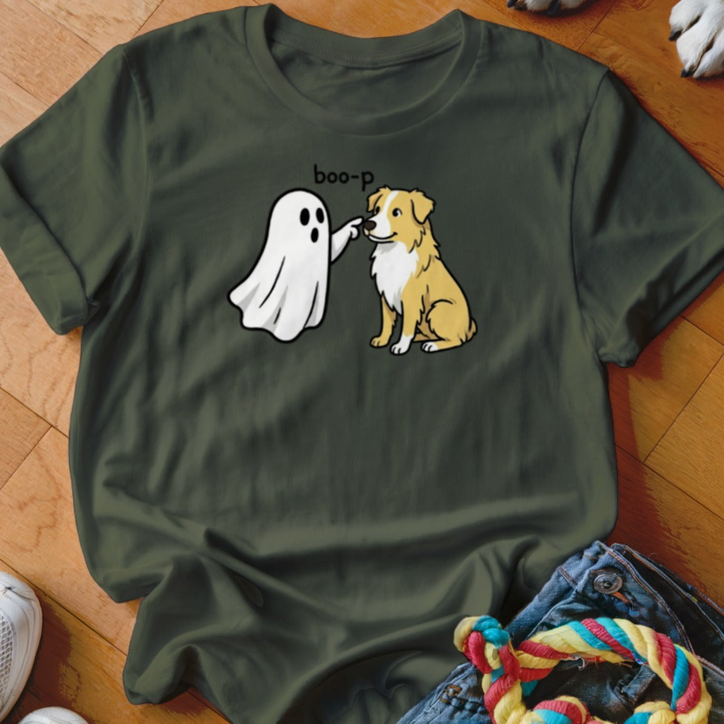 Ghost booping dog with text "boo-p" on green t-shirt.