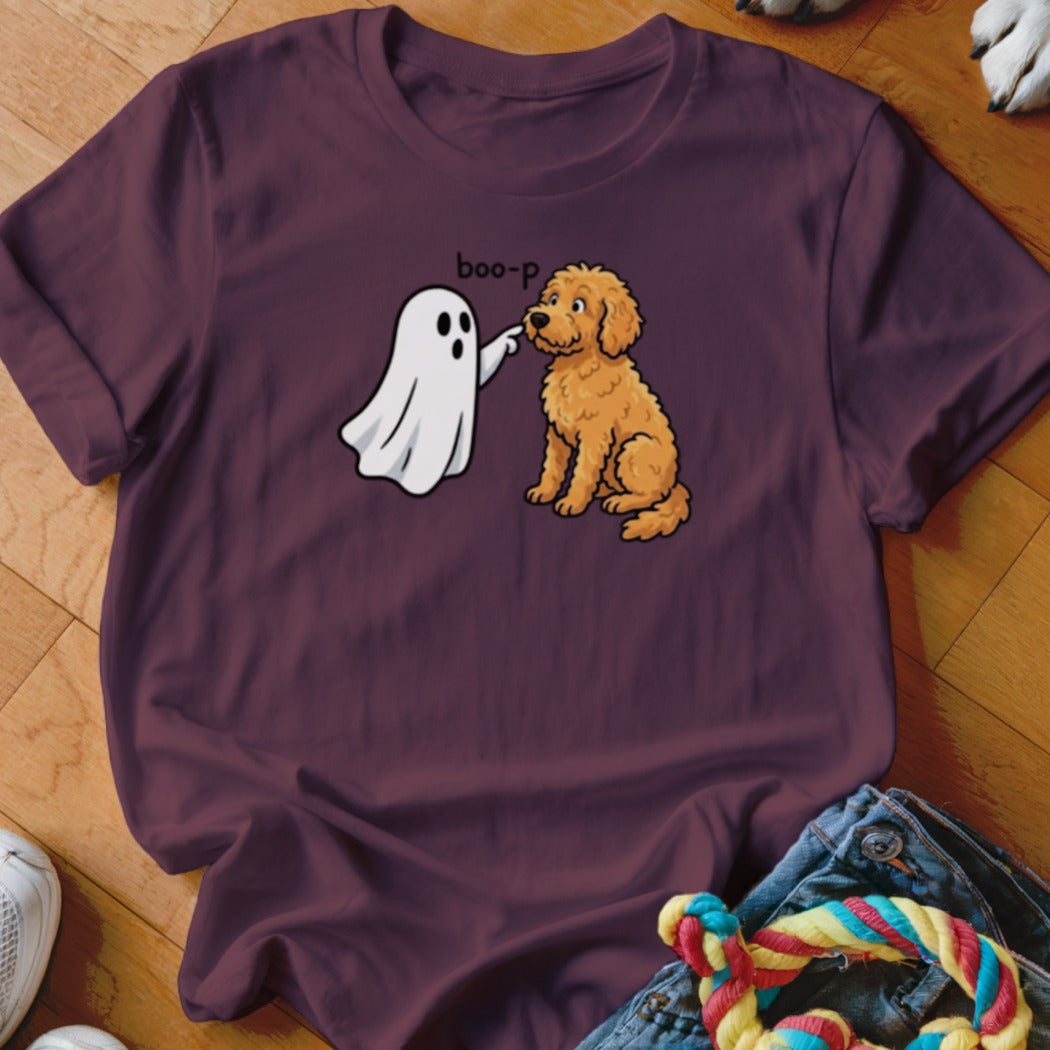 Ghost booping a goldendoodle with "boo-p" text on a maroon t-shirt.