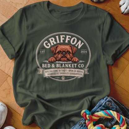 Griffon Bed & Blanket Co. t-shirt with a dog graphic and text.