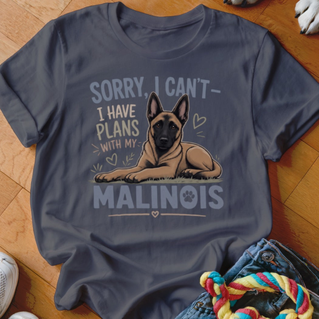 Dark t-shirt with "Sorry I can't have plans with my MALINOIS" featuring a dog illustration.