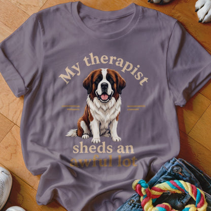 T-shirt with Saint Bernard graphic and text "My therapist sheds an awful lot."