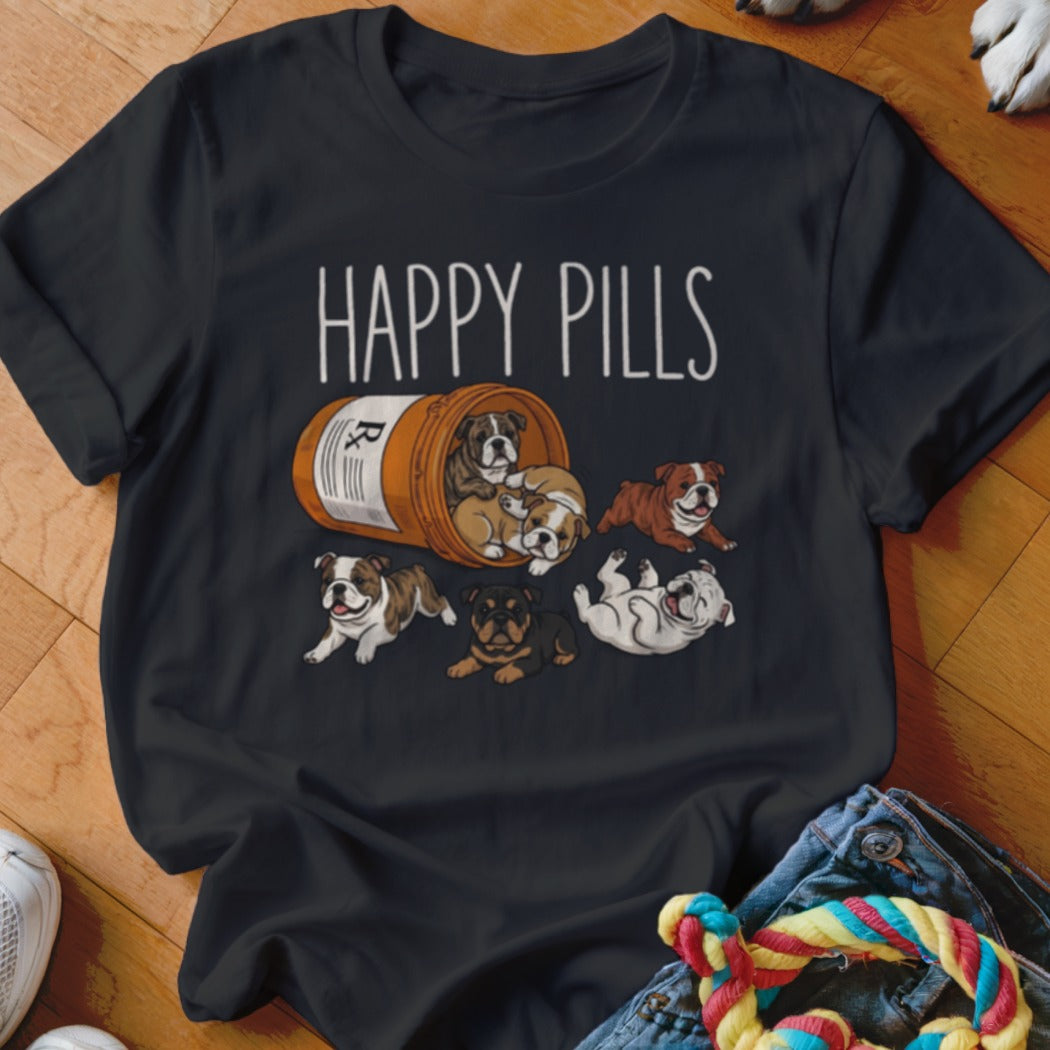 Black t-shirt with cartoon bulldogs spilling from a pill bottle, text "HAPPY PILLS" above.