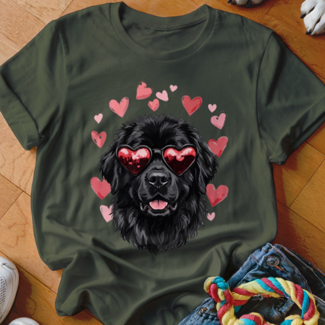 Dark green t-shirt featuring a graphic of a black dog wearing heart-shaped sunglasses surrounded by pink hearts.