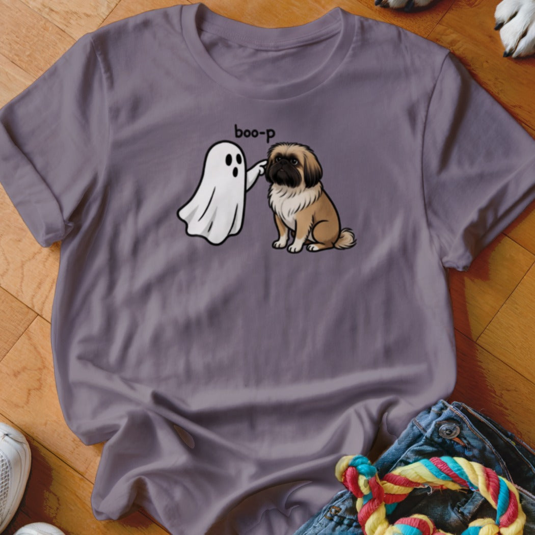 Ghost "boop-ing" a Pekingese dog with text "boo-p" on a purple t-shirt.