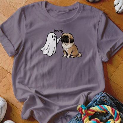 Ghost "boop-ing" a Pekingese dog with text "boo-p" on a purple t-shirt.