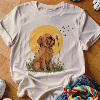 Light-colored t-shirt featuring a graphic of a brown dog sitting before a yellow sun, sniffing a dandelion.