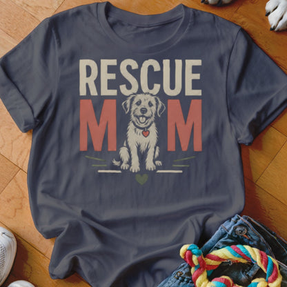 Dark blue t-shirt with "RESCUE MOM" text and a seated dog illustration.