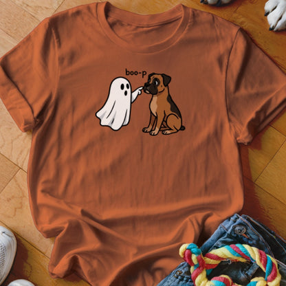 Cartoon ghost booping a boxer dog with the word "boo-p".