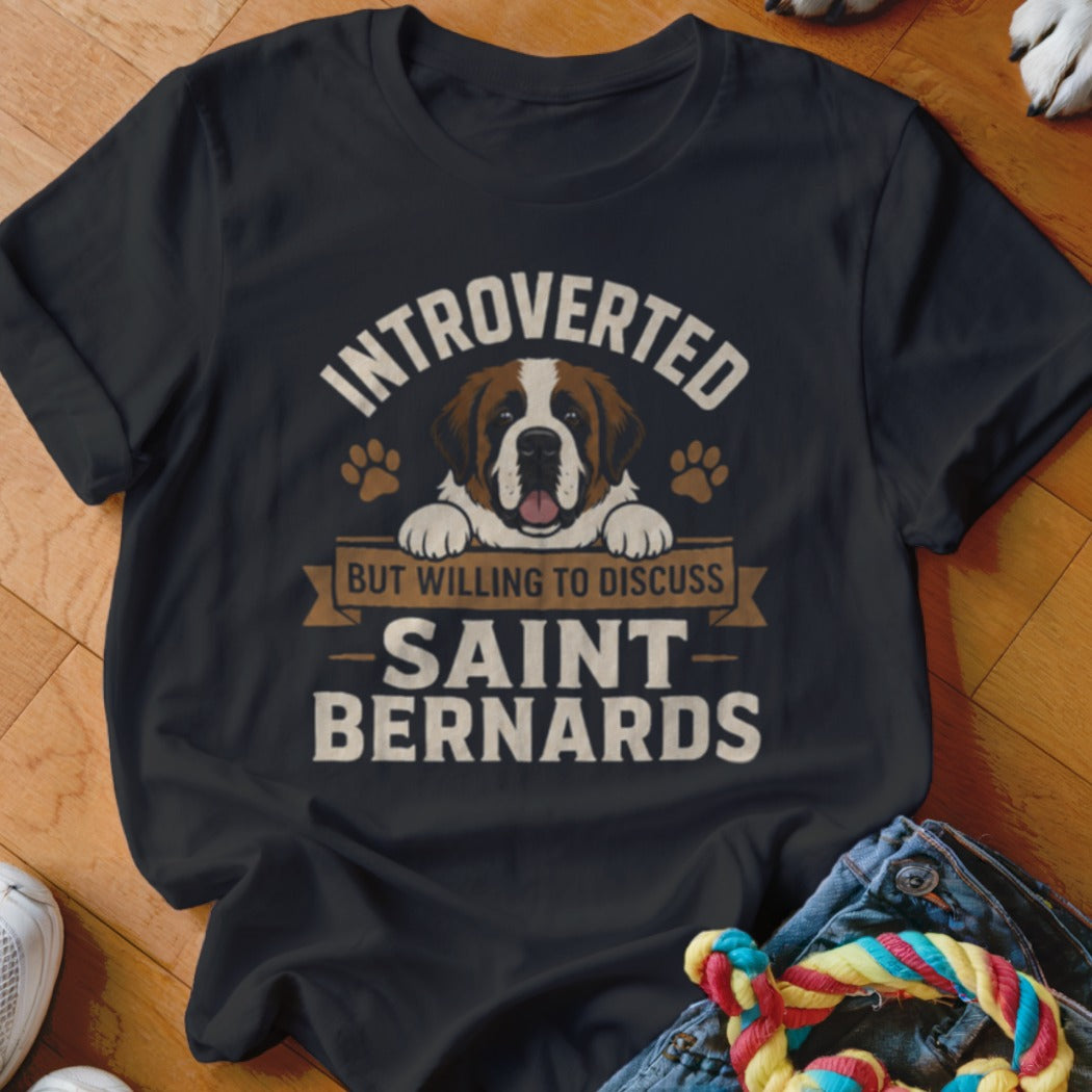 Black t-shirt with Saint Bernard dog graphic and "Introverted but willing to discuss Saint Bernards" text.