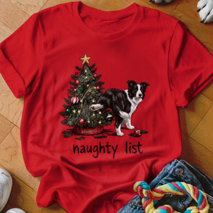 Red t-shirt with a Border Collie dog next to a Christmas tree and the words "naughty list".