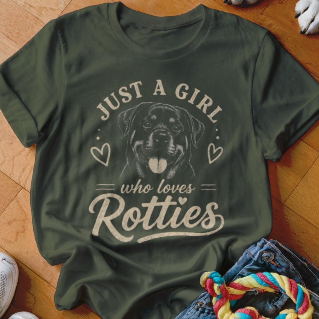 Dark green t-shirt with a Rottweiler graphic and text "Just a girl who loves Rotties."