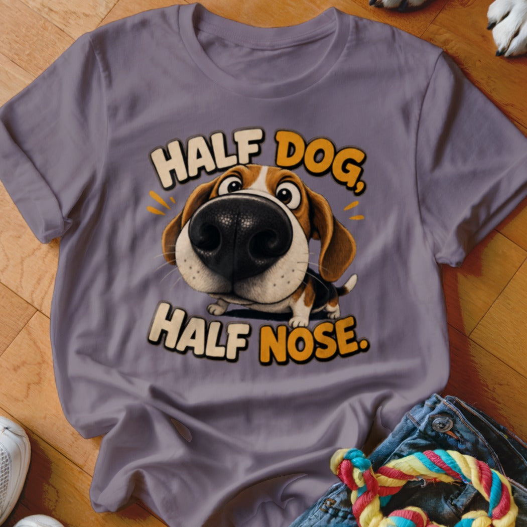 Purple t-shirt with cartoon beagle dog and text "HALF DOG, HALF NOSE."