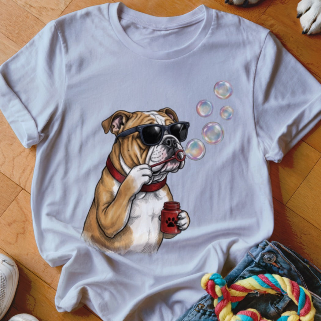 A white crewneck t-shirt featuring an illustration of an English bulldog wearing sunglasses and blowing bubbles.