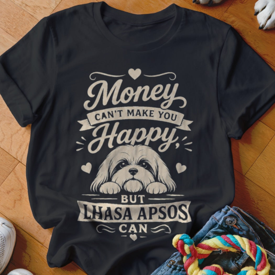 Dark t-shirt with white text and a Lhasa Apso dog graphic.