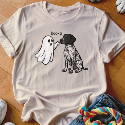A ghost playfully boops a German Shorthaired Pointer with the text "boo-p."