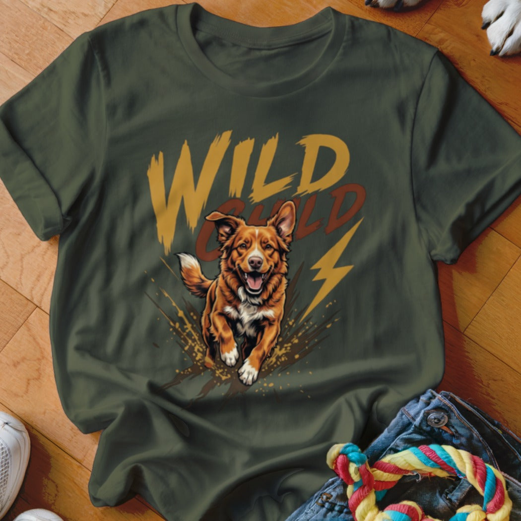 Dark green crewneck t-shirt featuring a graphic of a running brown dog and the text Wild Child.