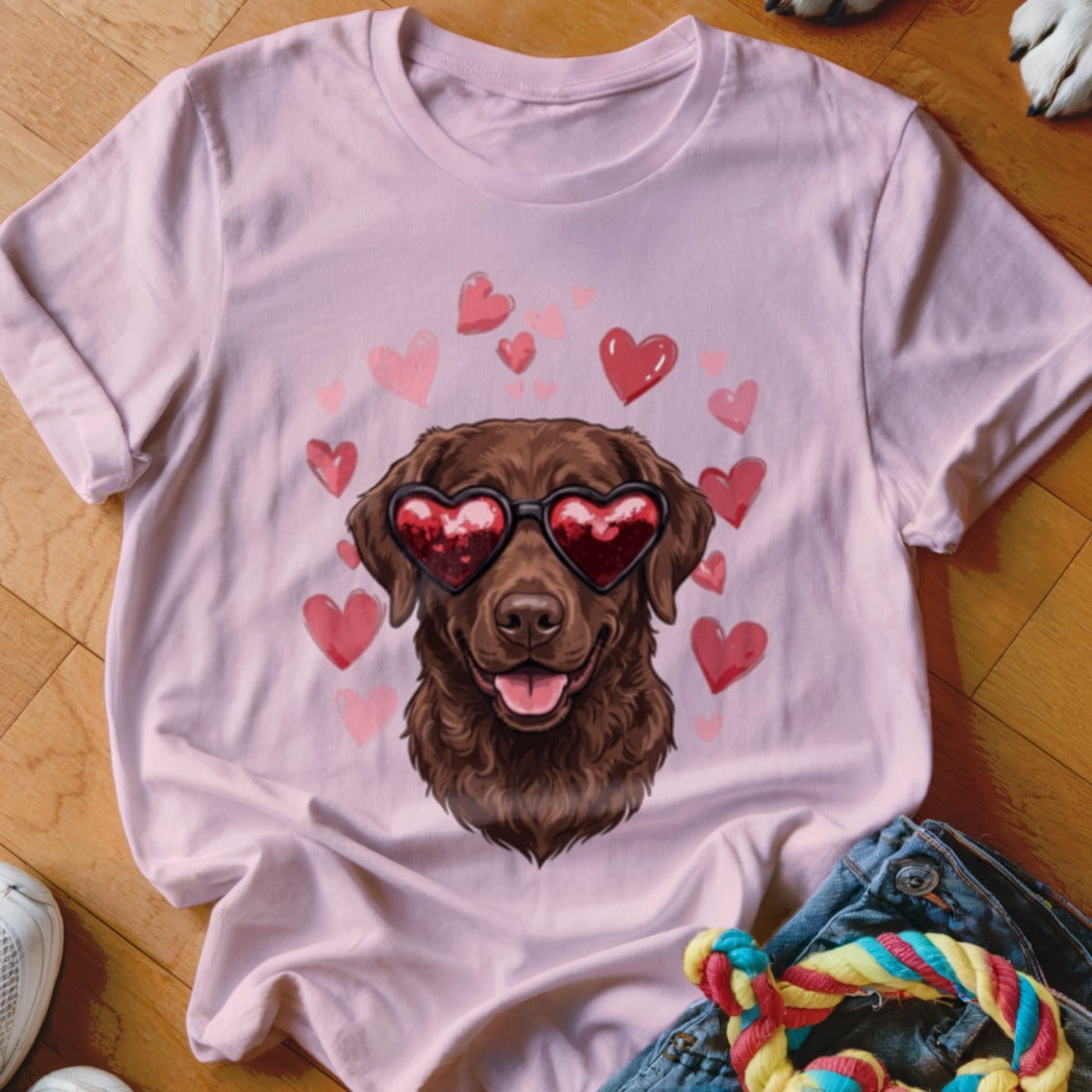 Light pink t-shirt featuring a graphic of a brown dog wearing heart-shaped sunglasses surrounded by floating hearts.