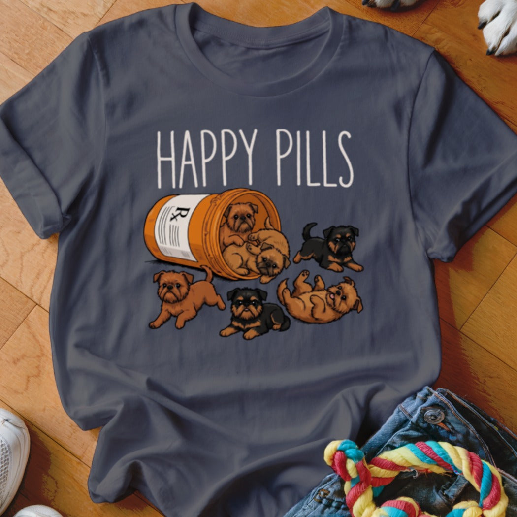 T-shirt with cartoon Brussels Griffon puppies spilling out of a prescription bottle labeled "HAPPY PILLS".