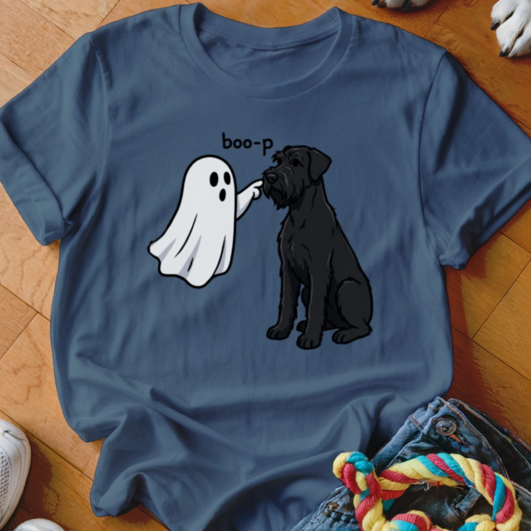 A ghost boops a black schnauzer with the text "boo-p" above.