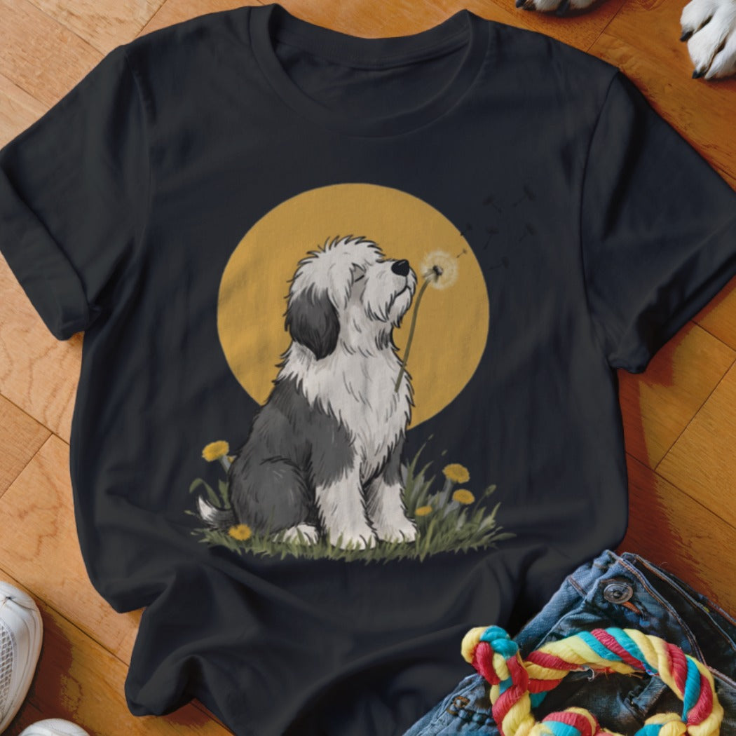 Black crewneck t-shirt featuring an illustration of an Old English Sheepdog blowing a dandelion against a yellow moon.