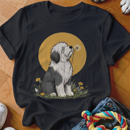 Black crewneck t-shirt featuring an illustration of an Old English Sheepdog blowing a dandelion against a yellow moon.