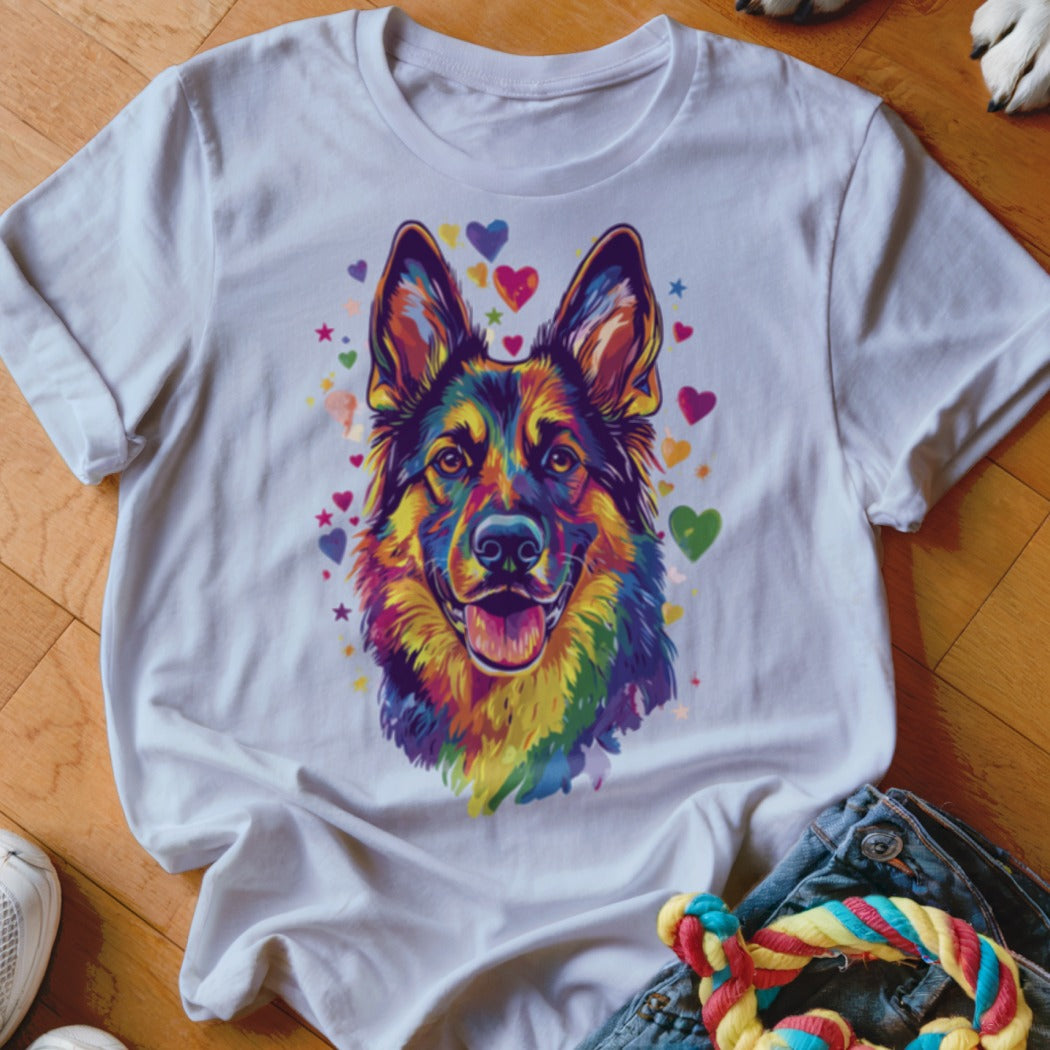 White t-shirt with vibrant, colorful German Shepherd art and scattered hearts.
