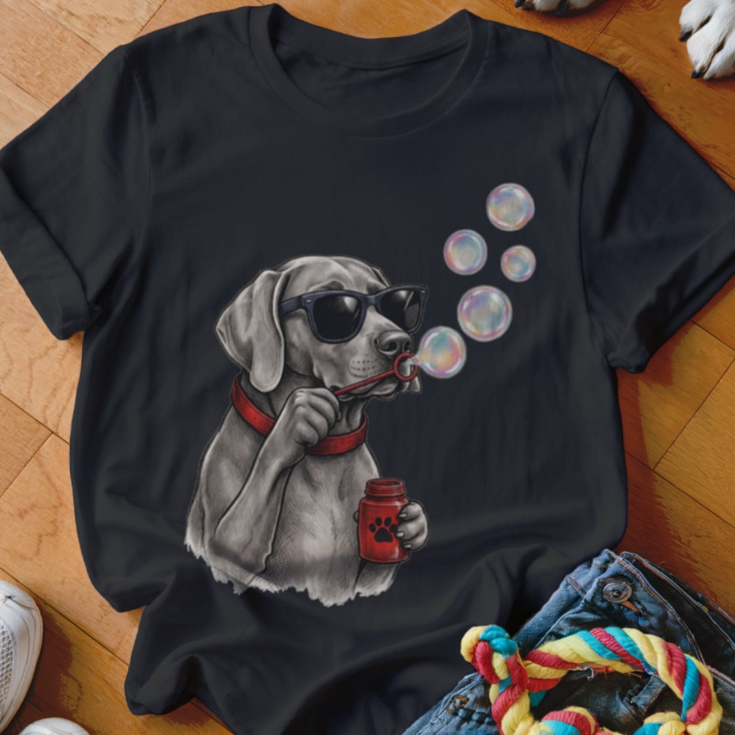 A black t-shirt featuring a gray dog wearing sunglasses, holding a jar and blowing bubbles.