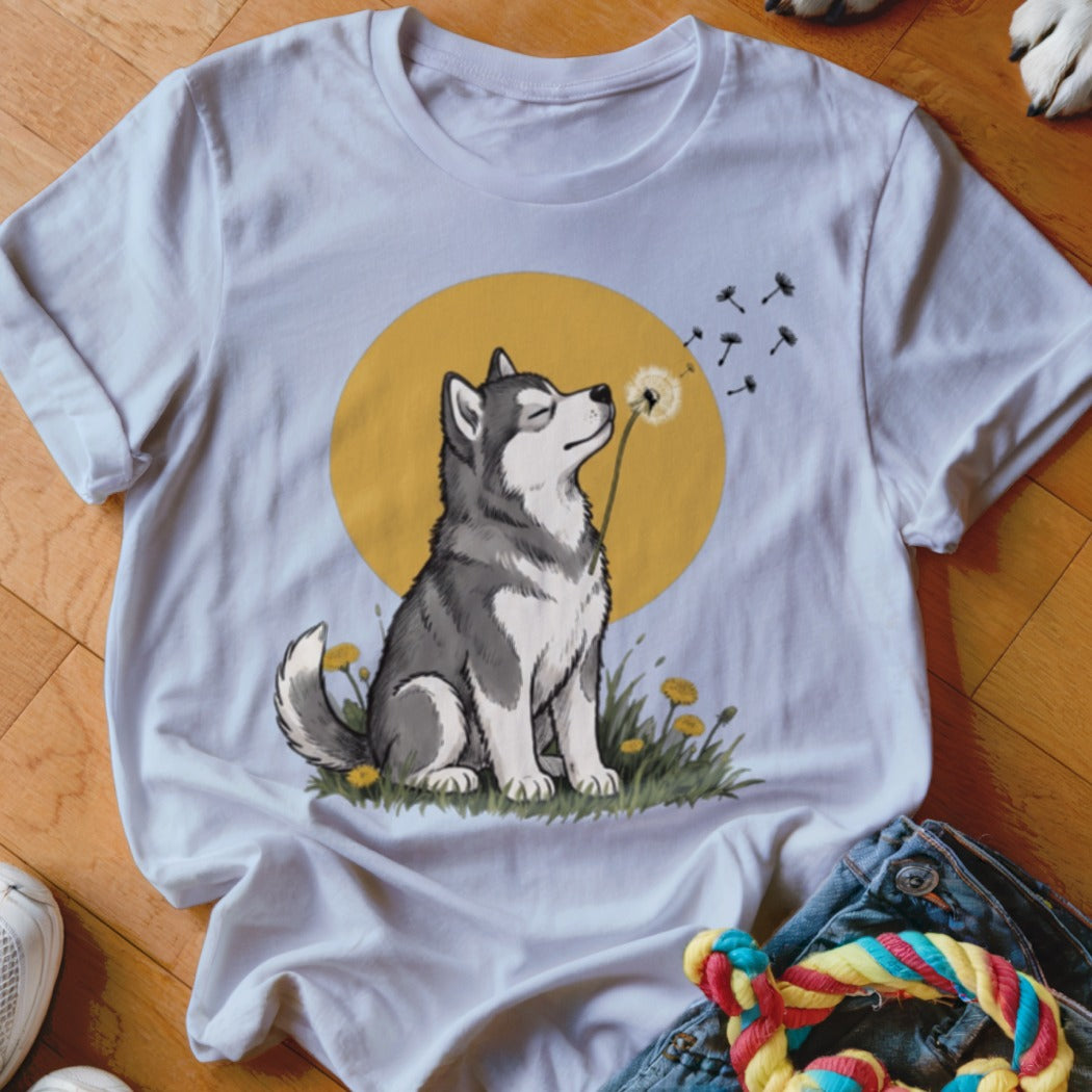 A white t-shirt featuring a cartoon illustration of a husky blowing dandelion seeds in front of a yellow sun.