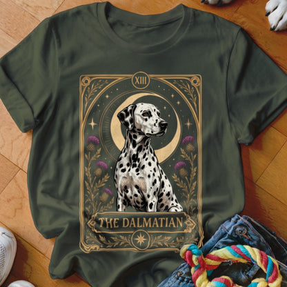 Dark green t-shirt featuring a tarot card graphic of a Dalmatian surrounded by thistles and a crescent moon.