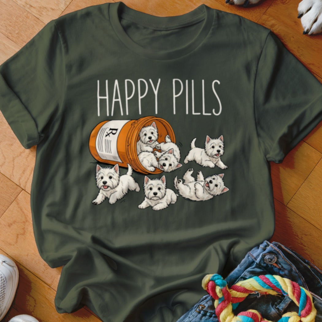 Green t-shirt with "HAPPY PILLS" text and several white West Highland Terriers spilling from a pill bottle.