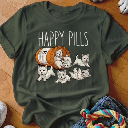 Green t-shirt with "HAPPY PILLS" text and several white West Highland Terriers spilling from a pill bottle.