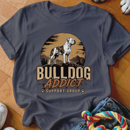 Charcoal grey crewneck t-shirt featuring a graphic of an American Bulldog standing on a mountain with the text Bulldog Addict Support Group.