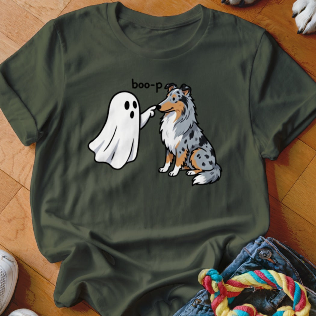 Ghost booping a blue merle collie dog, text says "boo-p".