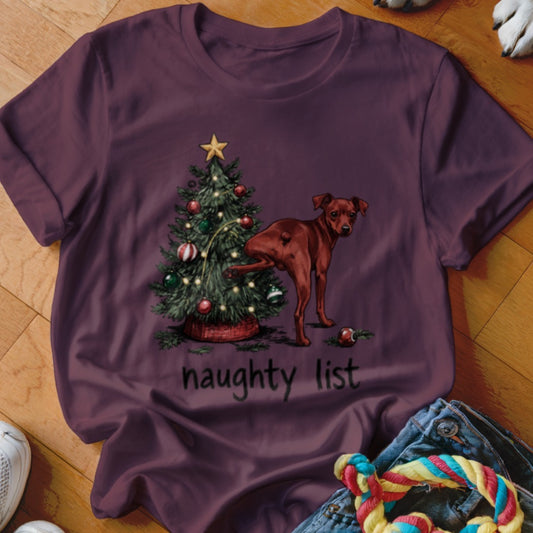 Brown dog peeing on a Christmas tree, with "naughty list" text.