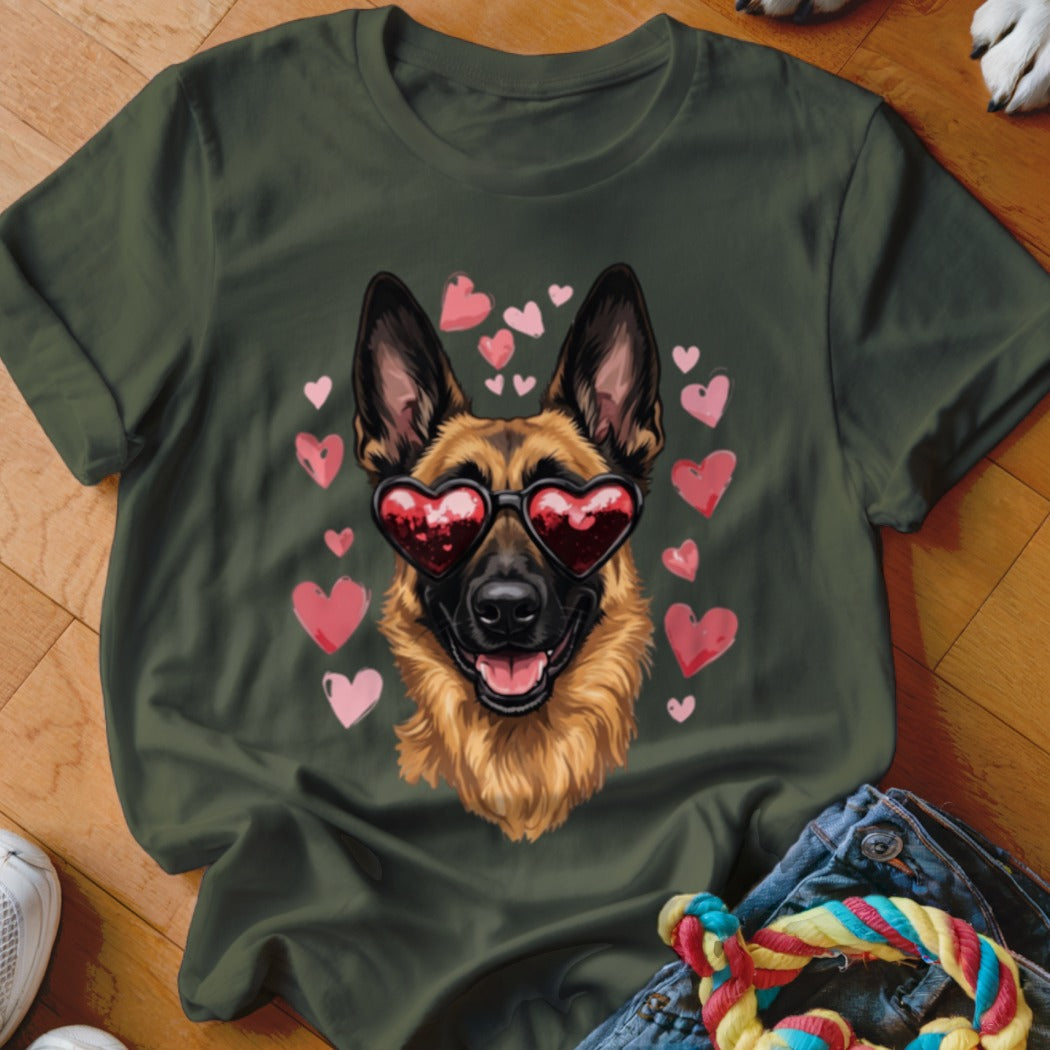 Dark green crewneck t-shirt featuring a German Shepherd wearing heart-shaped sunglasses surrounded by pink hearts.
