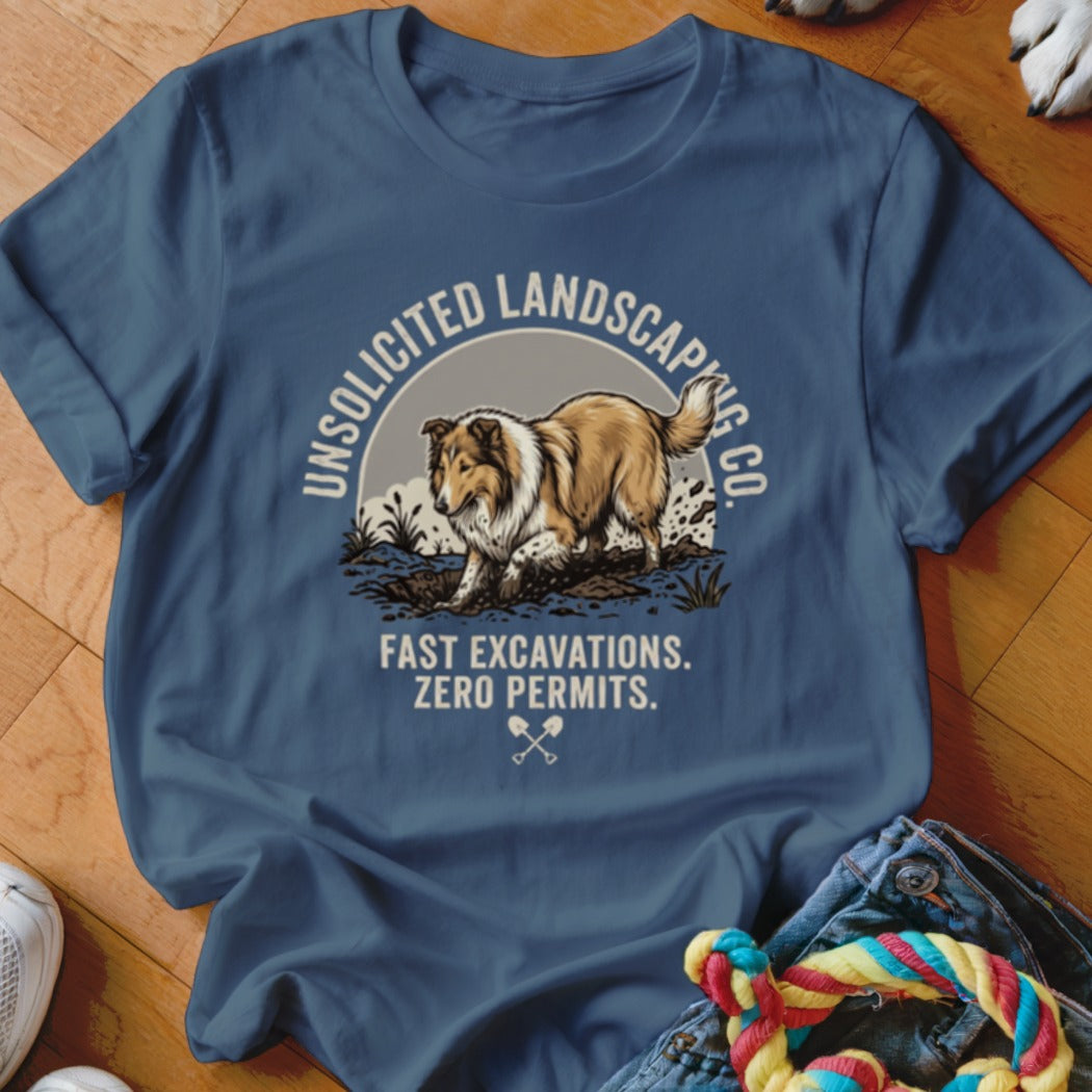 Collie dog digging in dirt with "Unsolicited Landscaping Co." text.