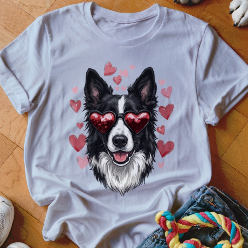 A white crewneck t-shirt featuring a graphic of a black and white dog wearing heart-shaped sunglasses, surrounded by pink hearts.
