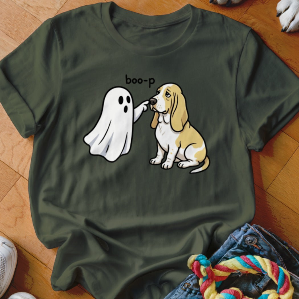 Ghost booping a sad basset hound with "boo-p" text.