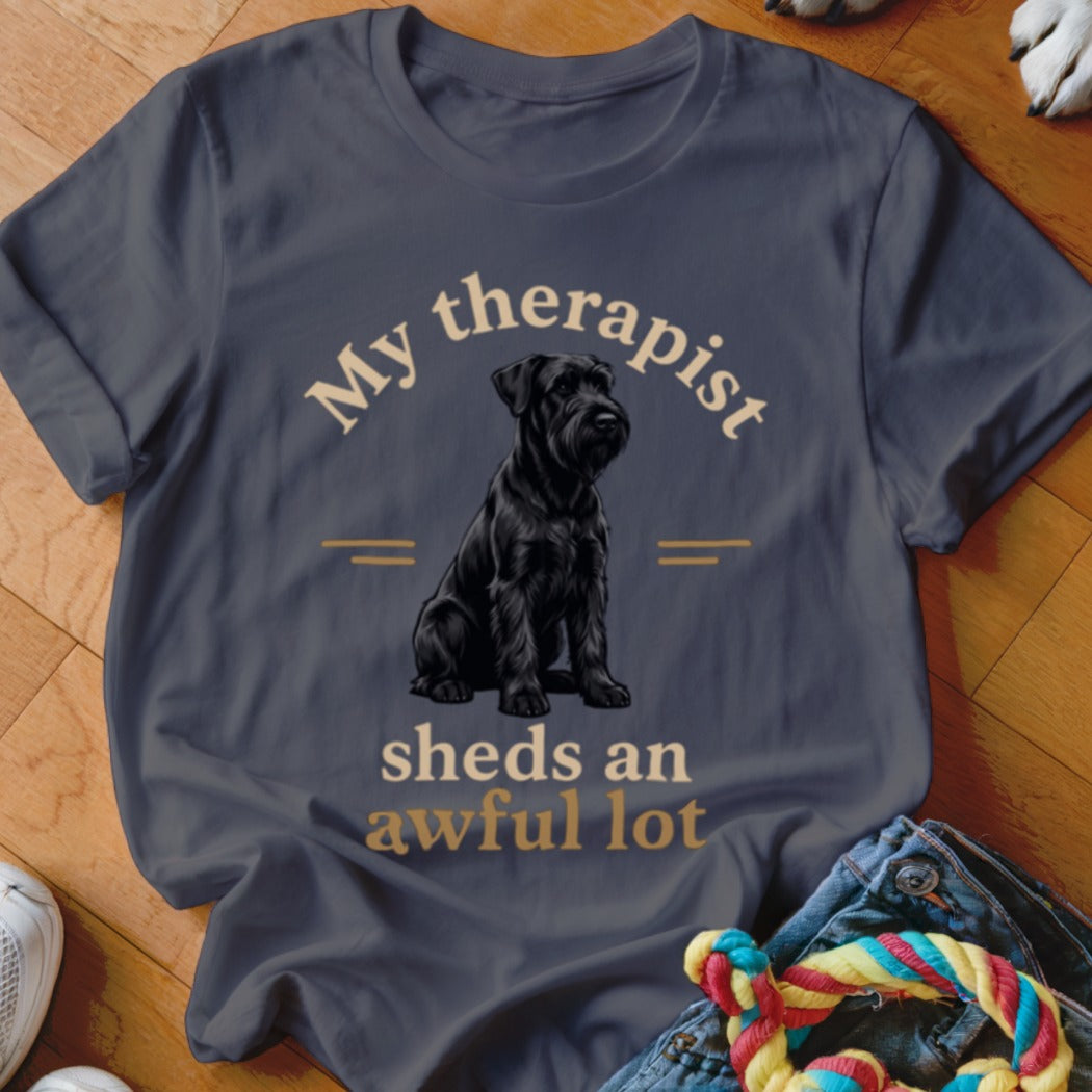 Dark gray t-shirt with black schnauzer and text "My therapist sheds an awful lot".