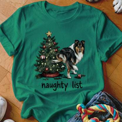 Collie dog next to Christmas tree with text "naughty list"
