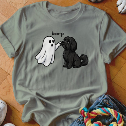 Ghost booping a black dog with "boo-p" text.