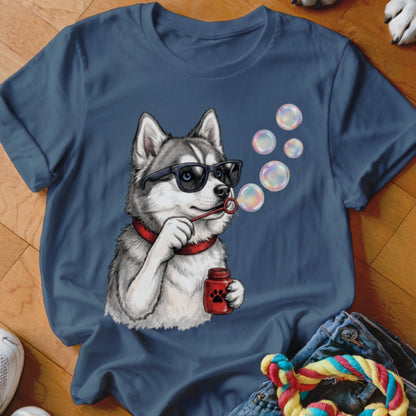 Dark blue t-shirt featuring an illustrated husky wearing sunglasses and blowing soap bubbles.